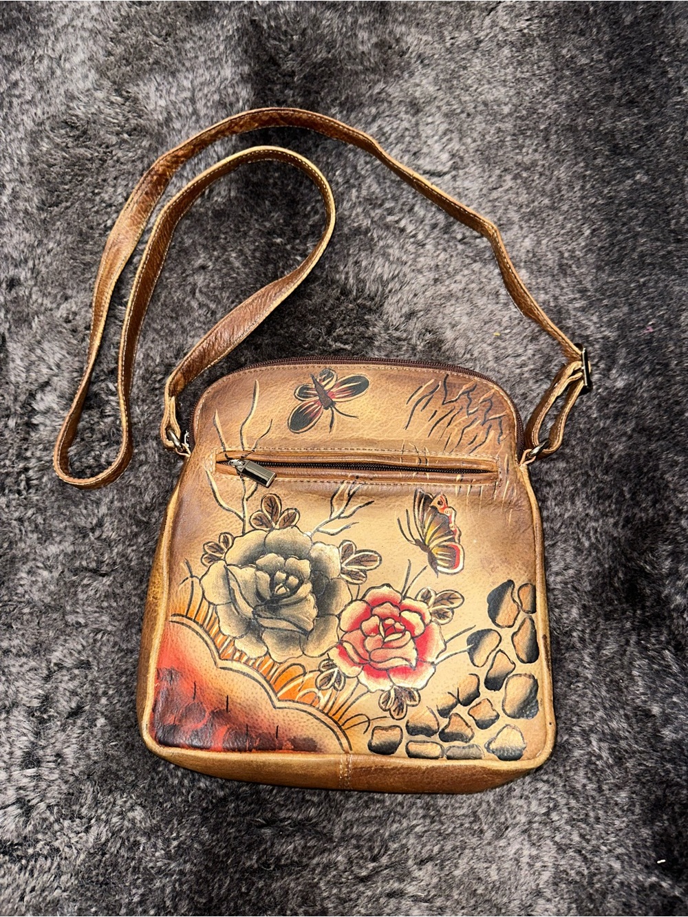 Biacci Handpainted Leather Floral Butterfly Brown Handbag Crossbody Purse Fairy